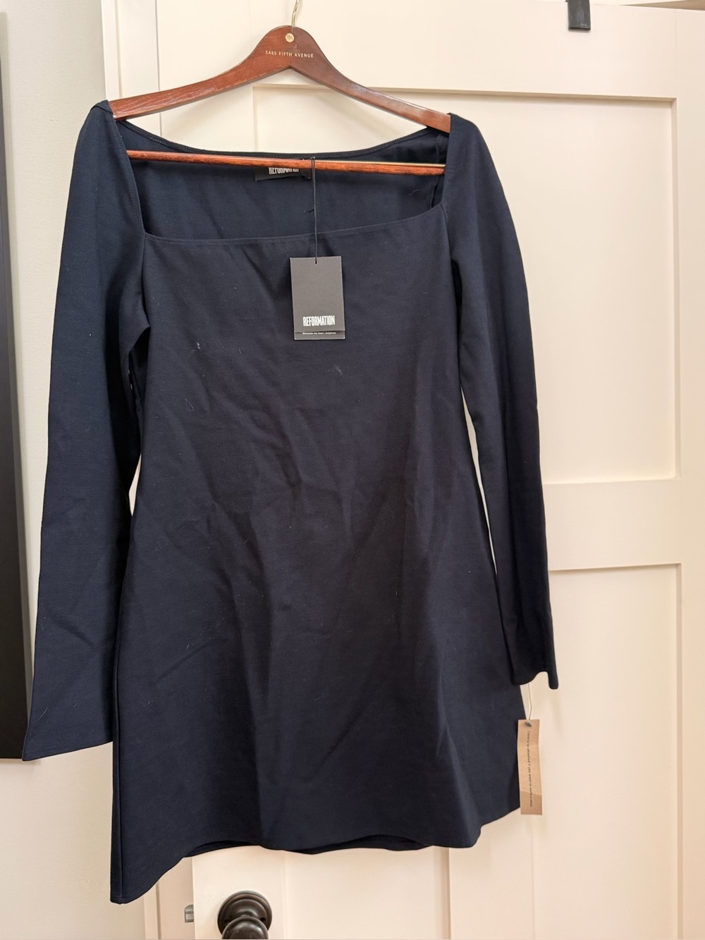 Reformation Deep Navy Square-Neck Long Sleeve Dress